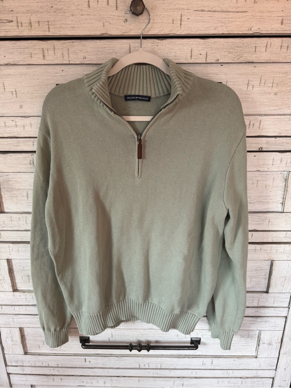 Half-Zip Light Sage Knit Sweater - Brandy Melville